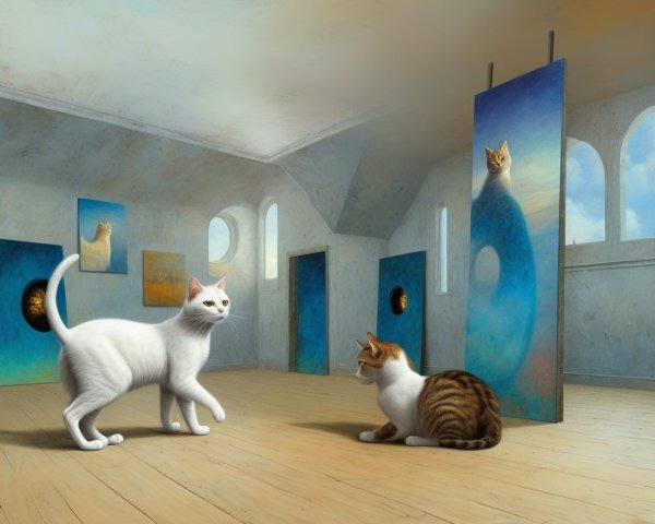 Surreal Art Gallery with Cats and Whimsical Paintings