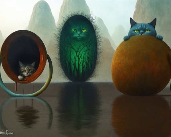 Surreal Artwork Featuring Three Unique Cat Forms