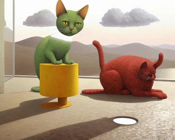 Stylized Cats in a Surreal Landscape Setting