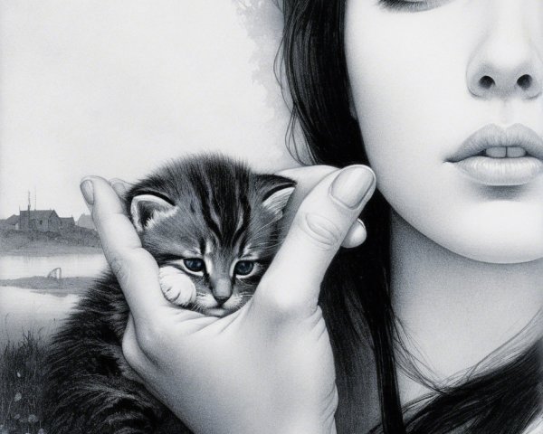 Close-Up of a Woman Holding a Tabby Kitten