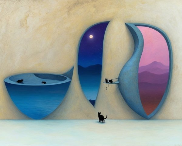 Surreal Landscape with Abstract Forms and Cats