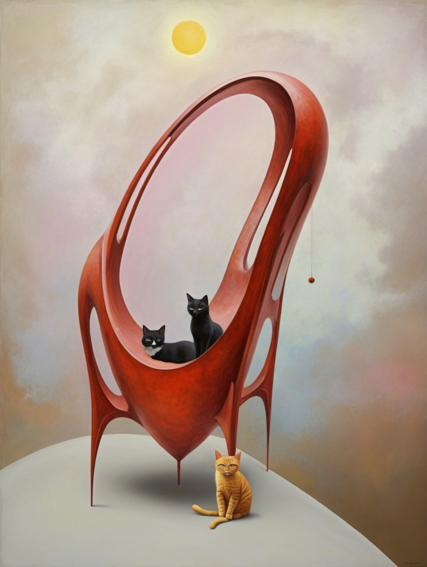 Black and Orange Cats in Abstract Ethereal Landscape