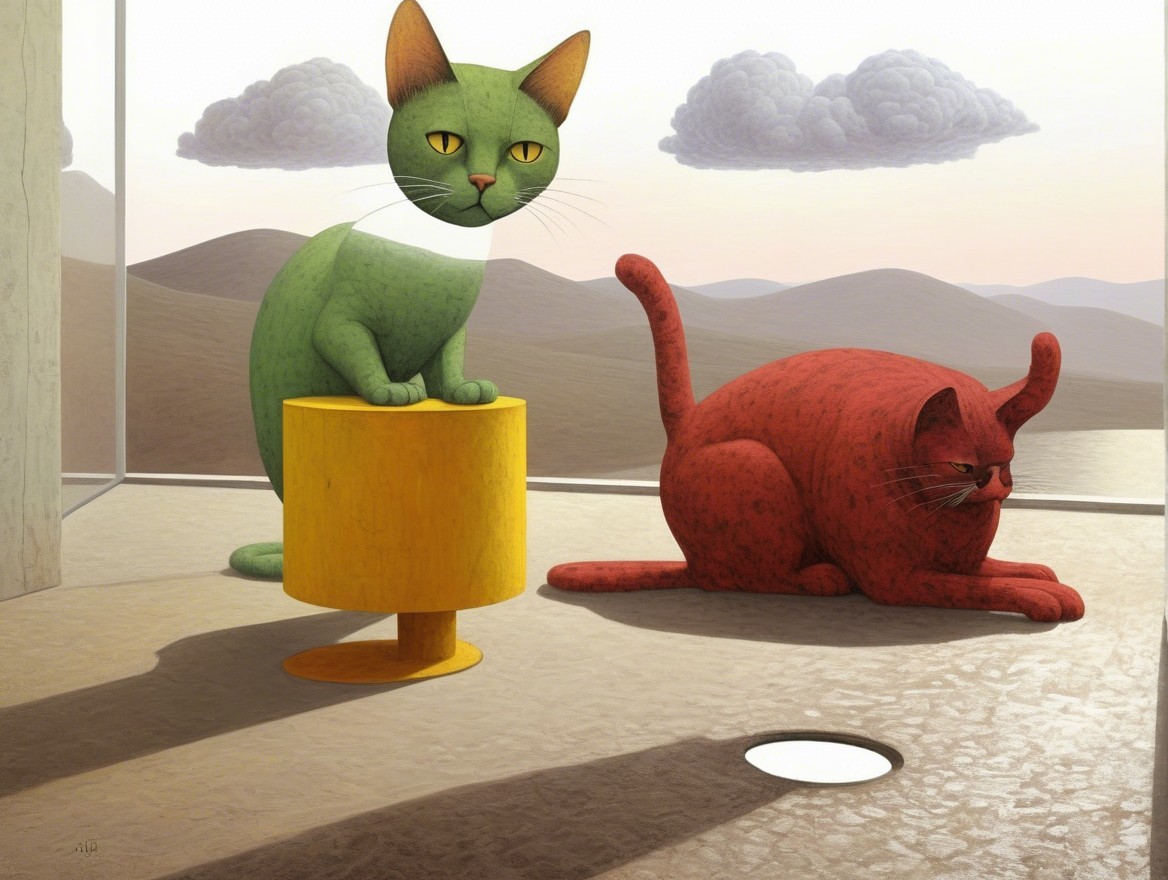 Stylized Cats in a Surreal Landscape Setting