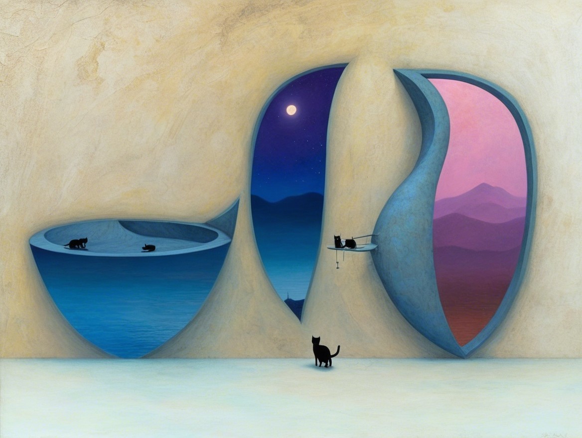 Surreal Landscape with Abstract Forms and Cats