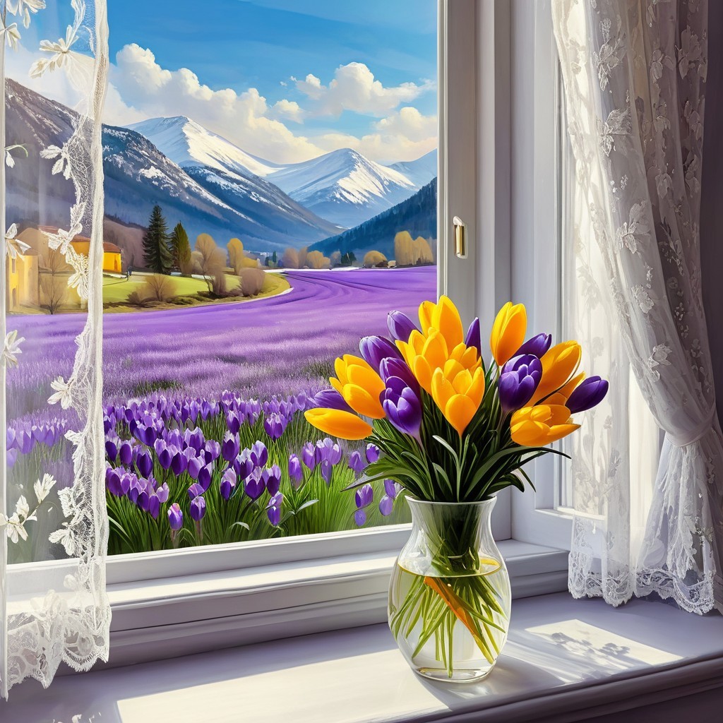 Vibrant Flower Fields and Snow-Capped Mountains View