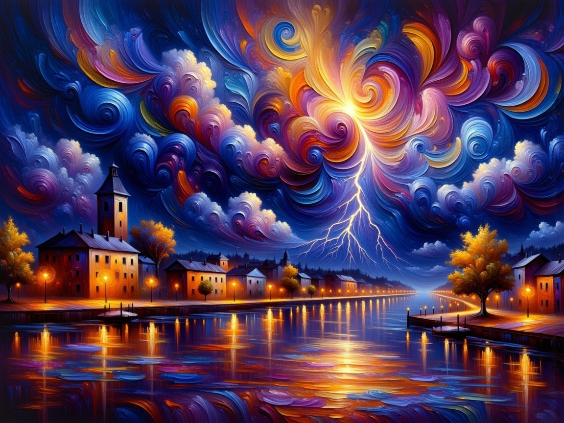 Vibrant Sky Over Tranquil River with Charming Buildings