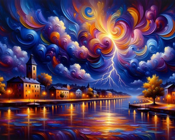 Vibrant Sky Over Tranquil River with Charming Buildings