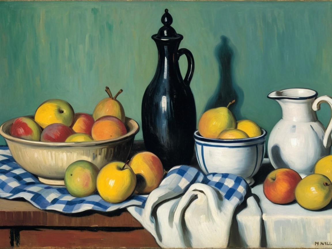 Vibrant Still Life with Apples and Jugs on Green Background