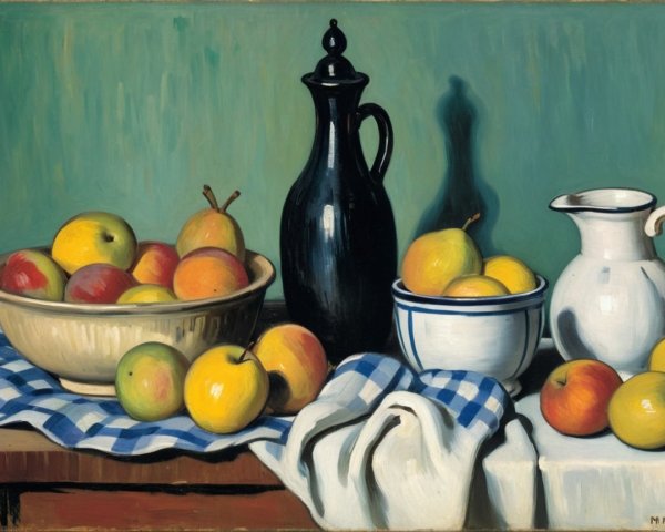 Vibrant Still Life with Apples and Jugs on Green Background