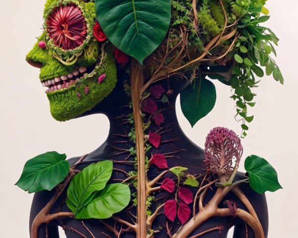 Botanical human bust sculpture crafted from plants and blooms