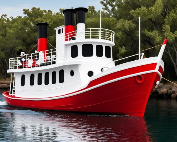 Red-and-white steamship on a tranquil waterway