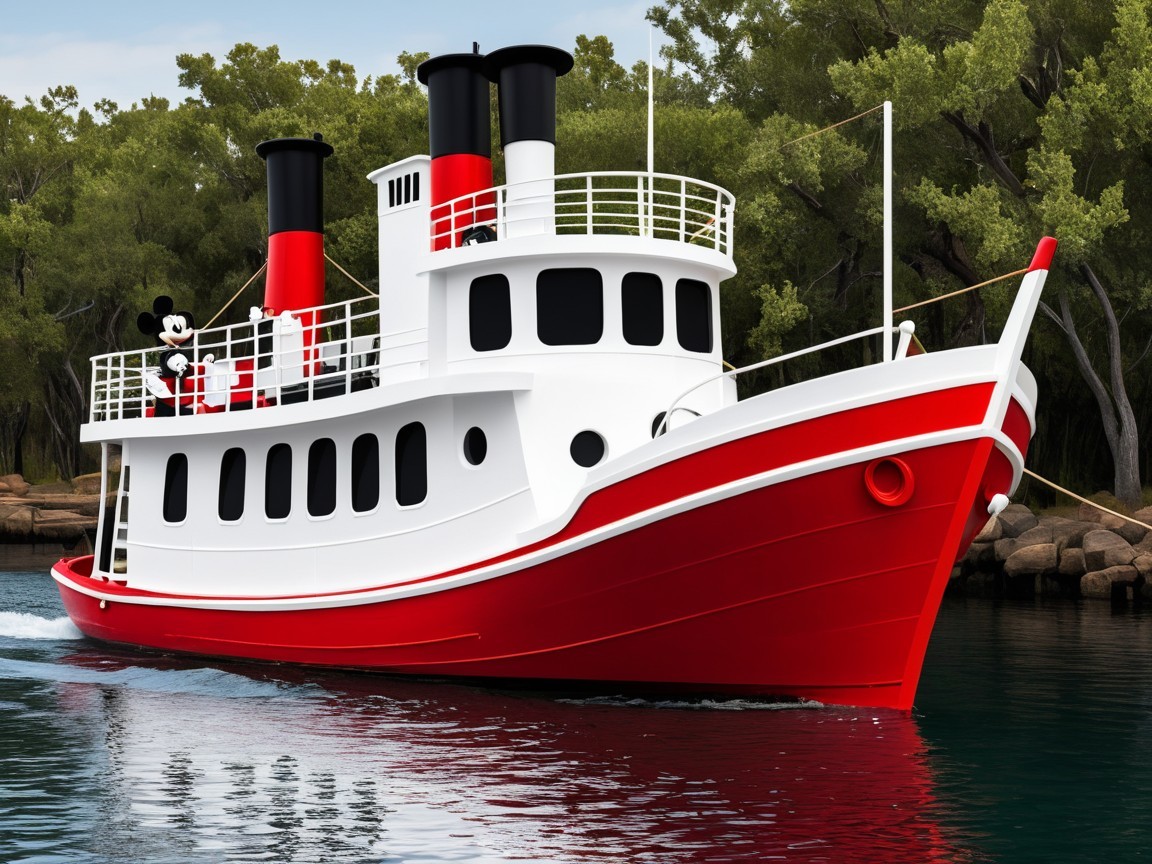 Red-and-white steamship on a tranquil waterway