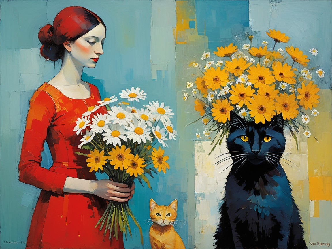 Woman in Red Dress with Cats and Colorful Background