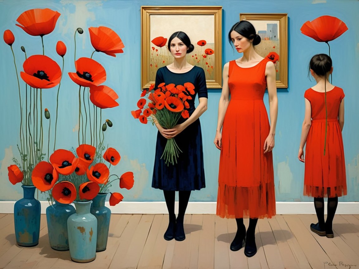 Three Women Surrounded by Vibrant Red Poppies