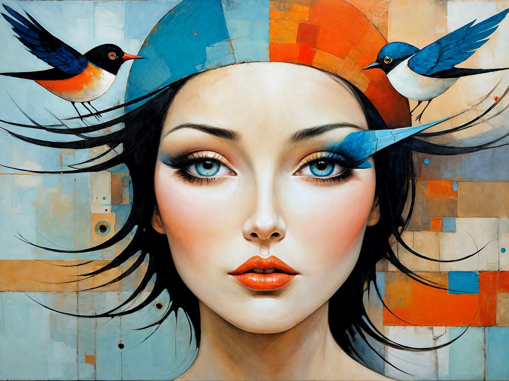 Portrait of a Woman with Vibrant Headpiece and Birds