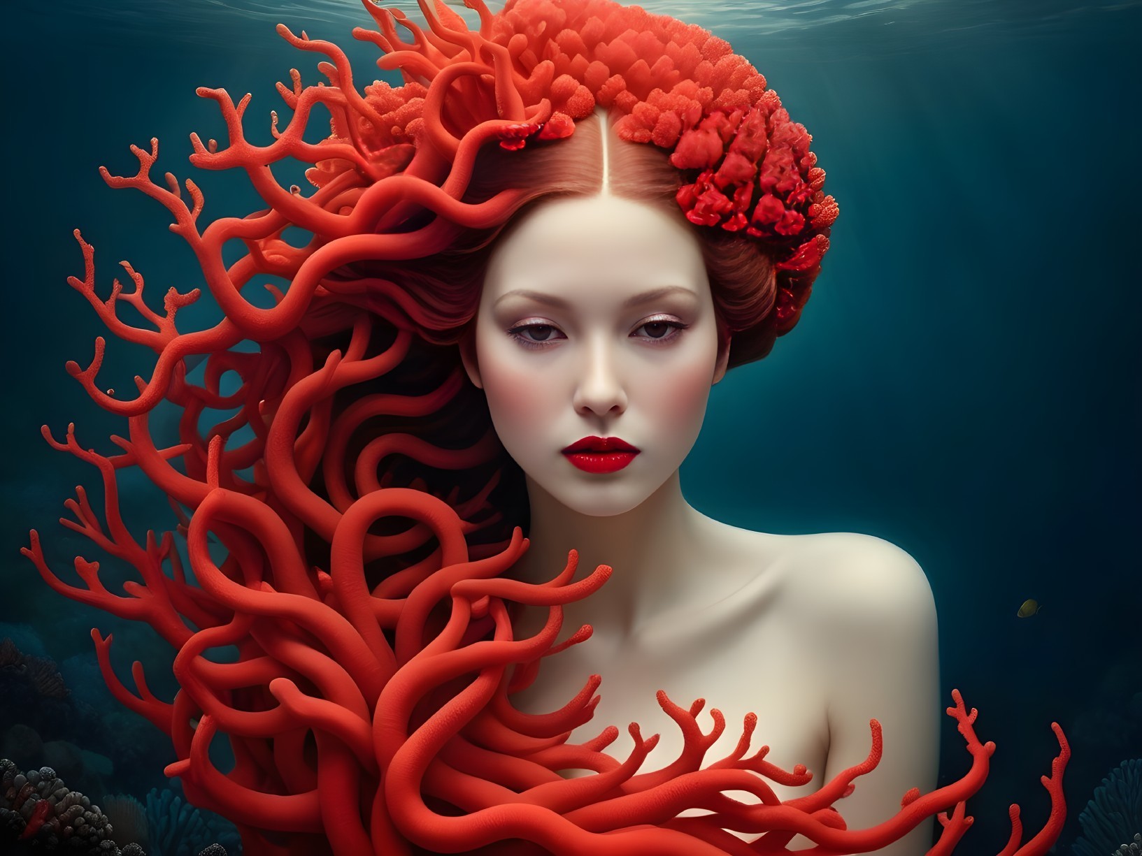 Ethereal figure with coral-like hair in underwater scene