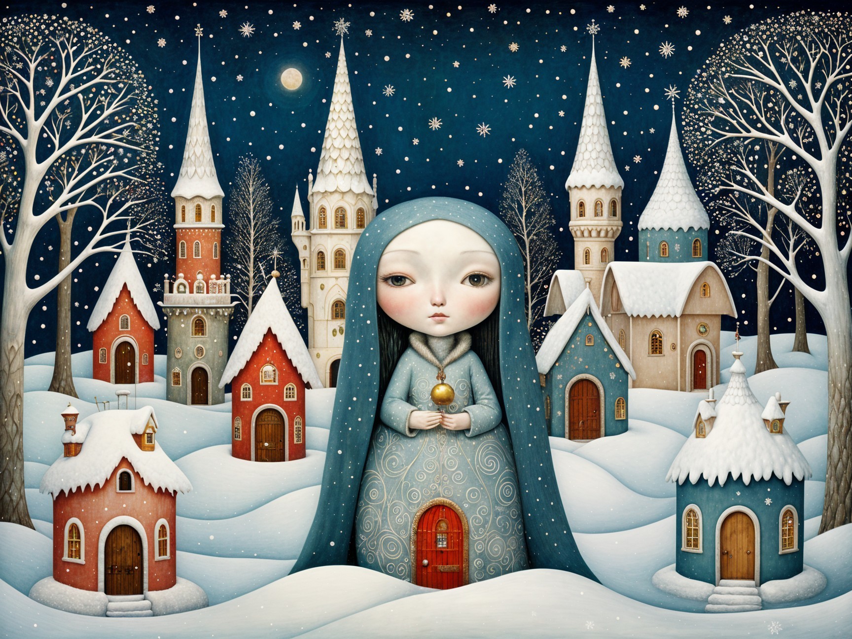 Whimsical Winter Scene with Girl and Snowy Village