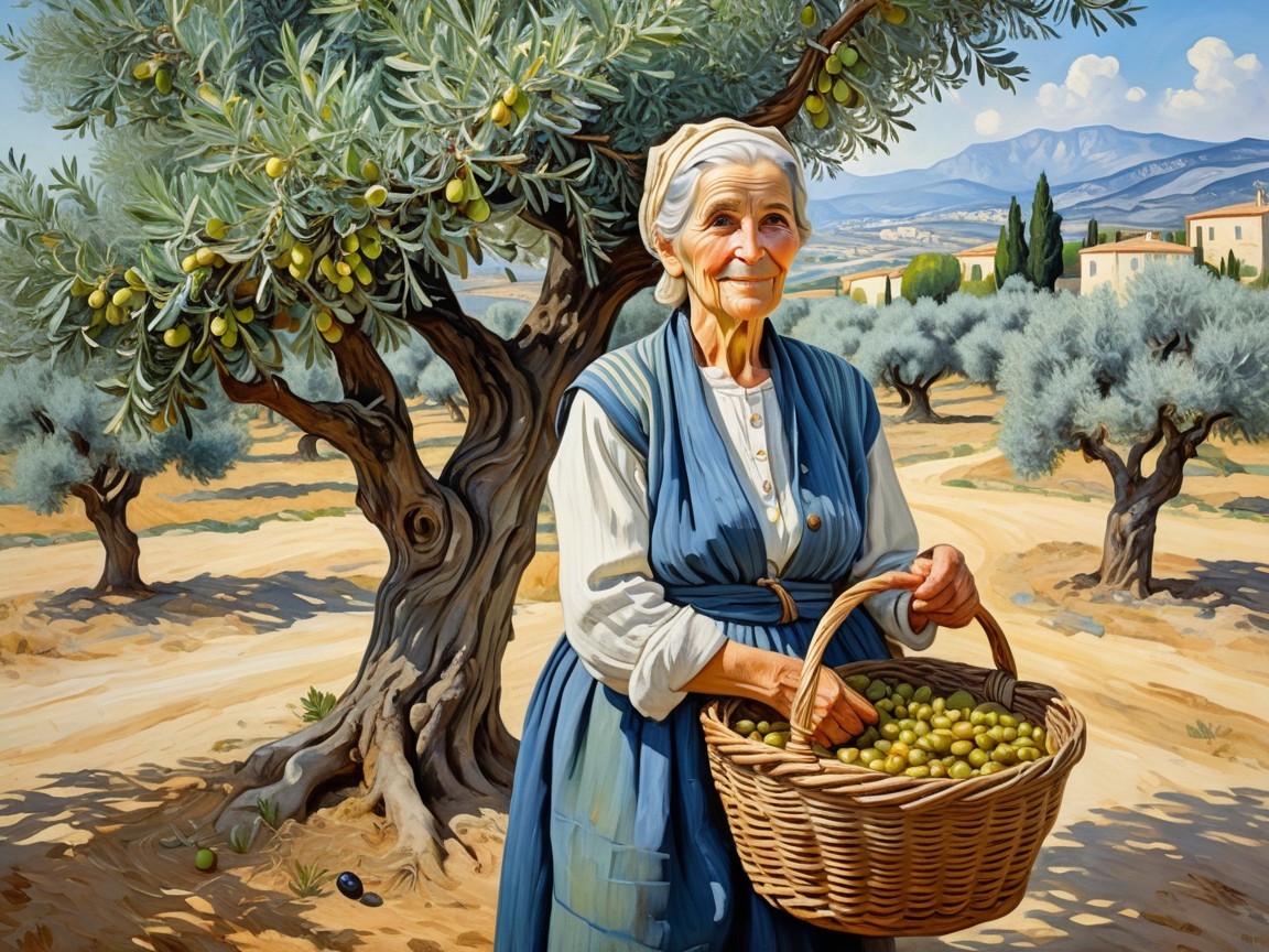 Elderly Woman with Olives Under Olive Tree