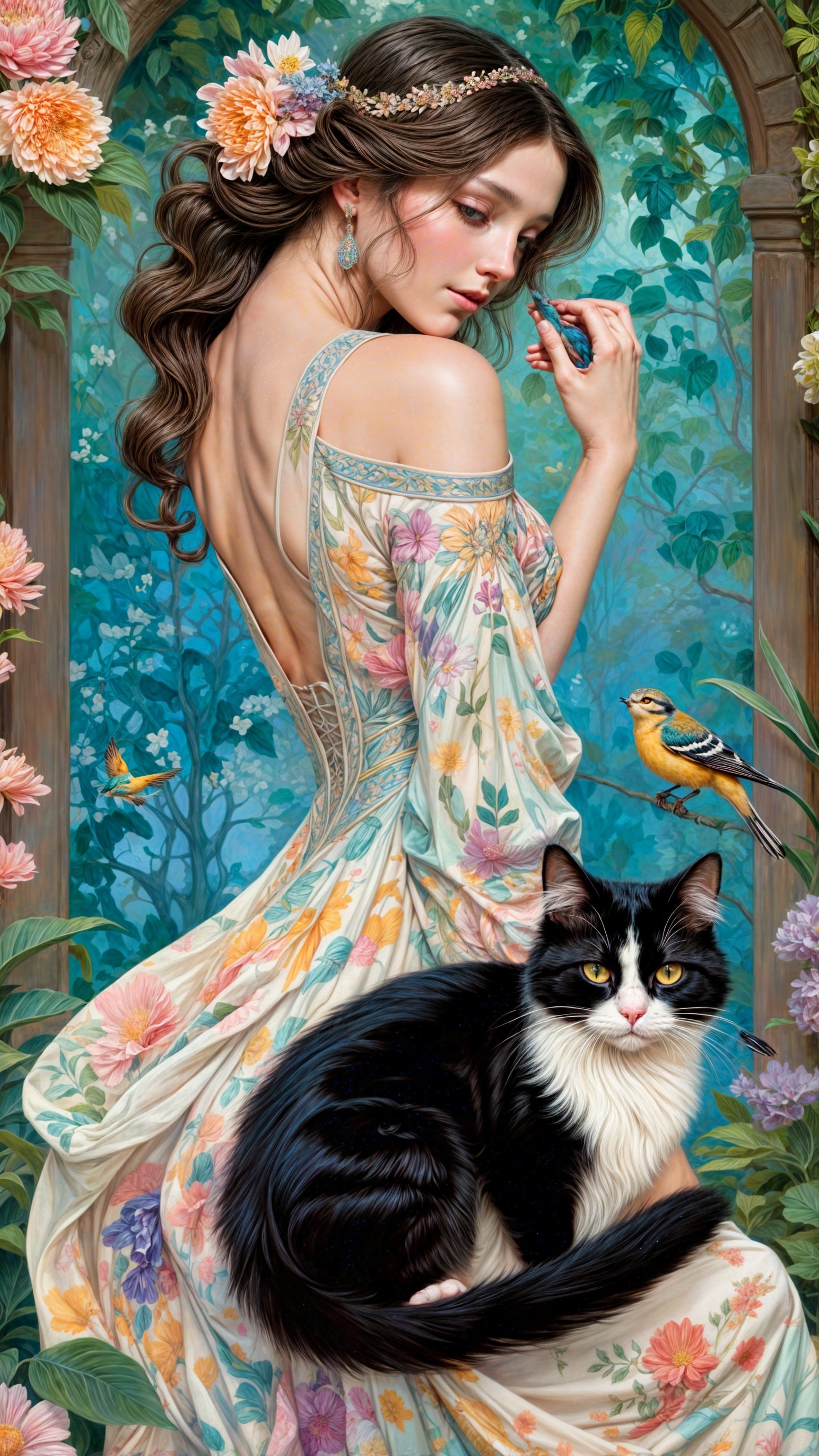 Young woman in floral dress with cat in garden setting