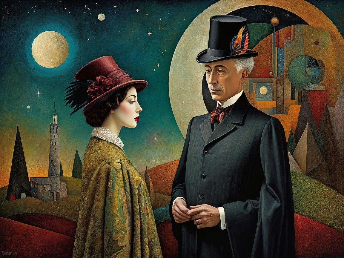 Stylized Artwork of Couple in Formal Attire in Surreal Setting