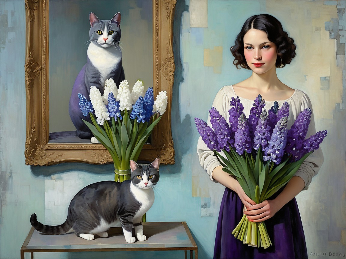 Young woman with hyacinths and a cat in serene setting