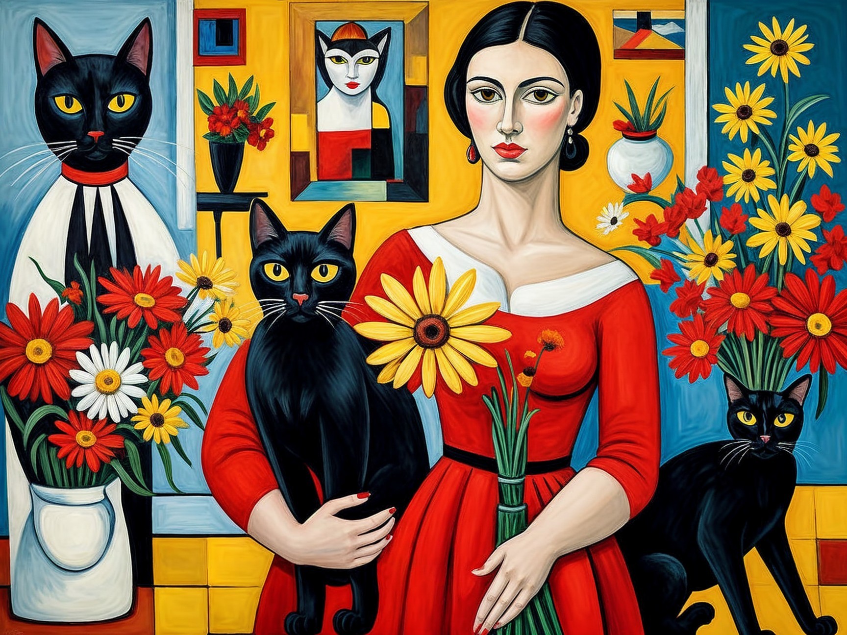 Artwork of Woman in Red Dress with Flowers and Cats
