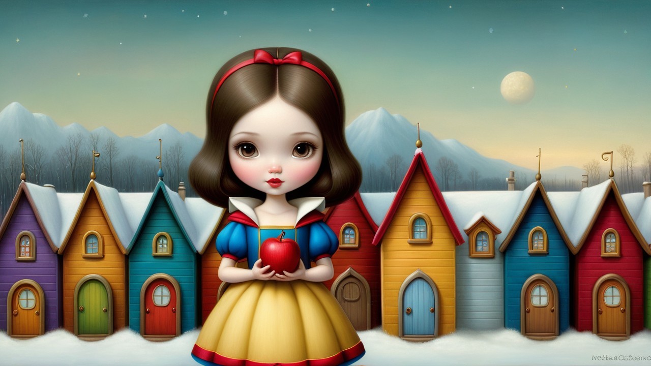 Whimsical Doll-Like Girl in Snowy Village Scene