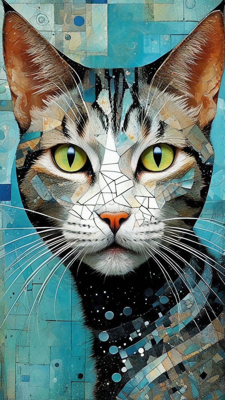 Stylized Cat Artwork with Vibrant Colors and Patterns
