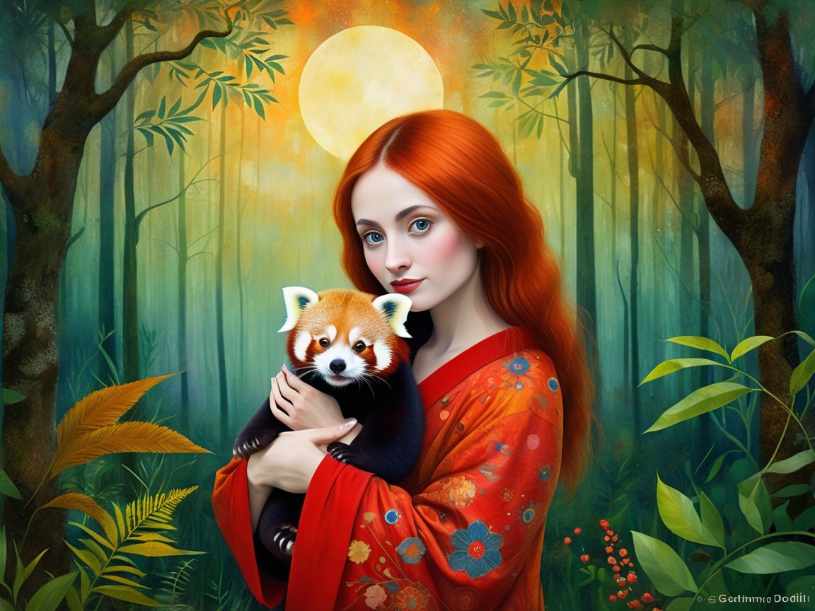 Girl with Red Hair and Red Panda in Mystical Forest