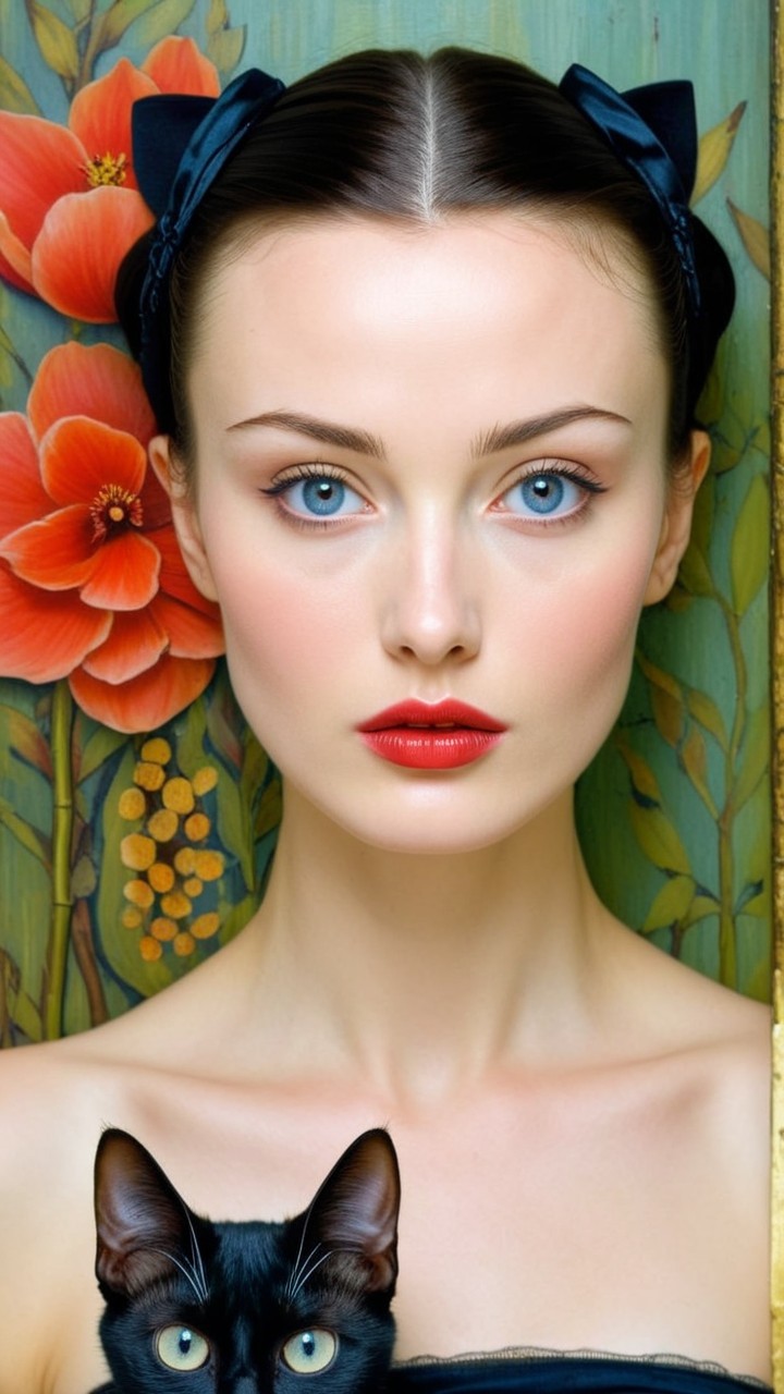 Portrait of a Woman with Blue Eyes and Red Flowers