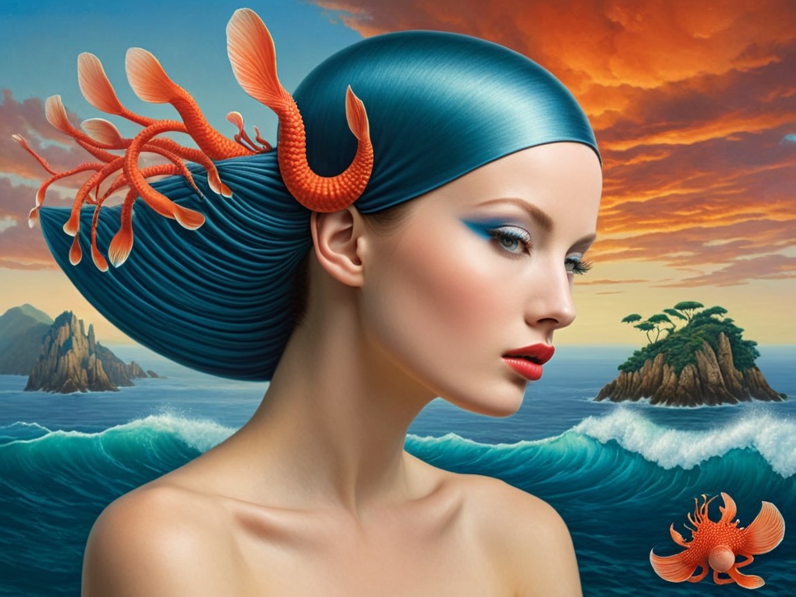 Portrait of a woman with blue hair in a surreal landscape