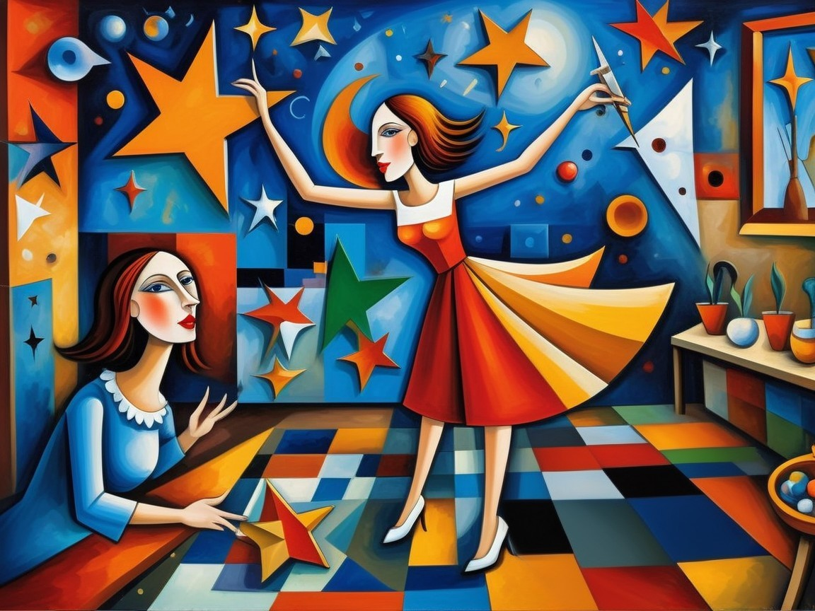 Vibrant Abstract Scene with Two Women in Colorful Room