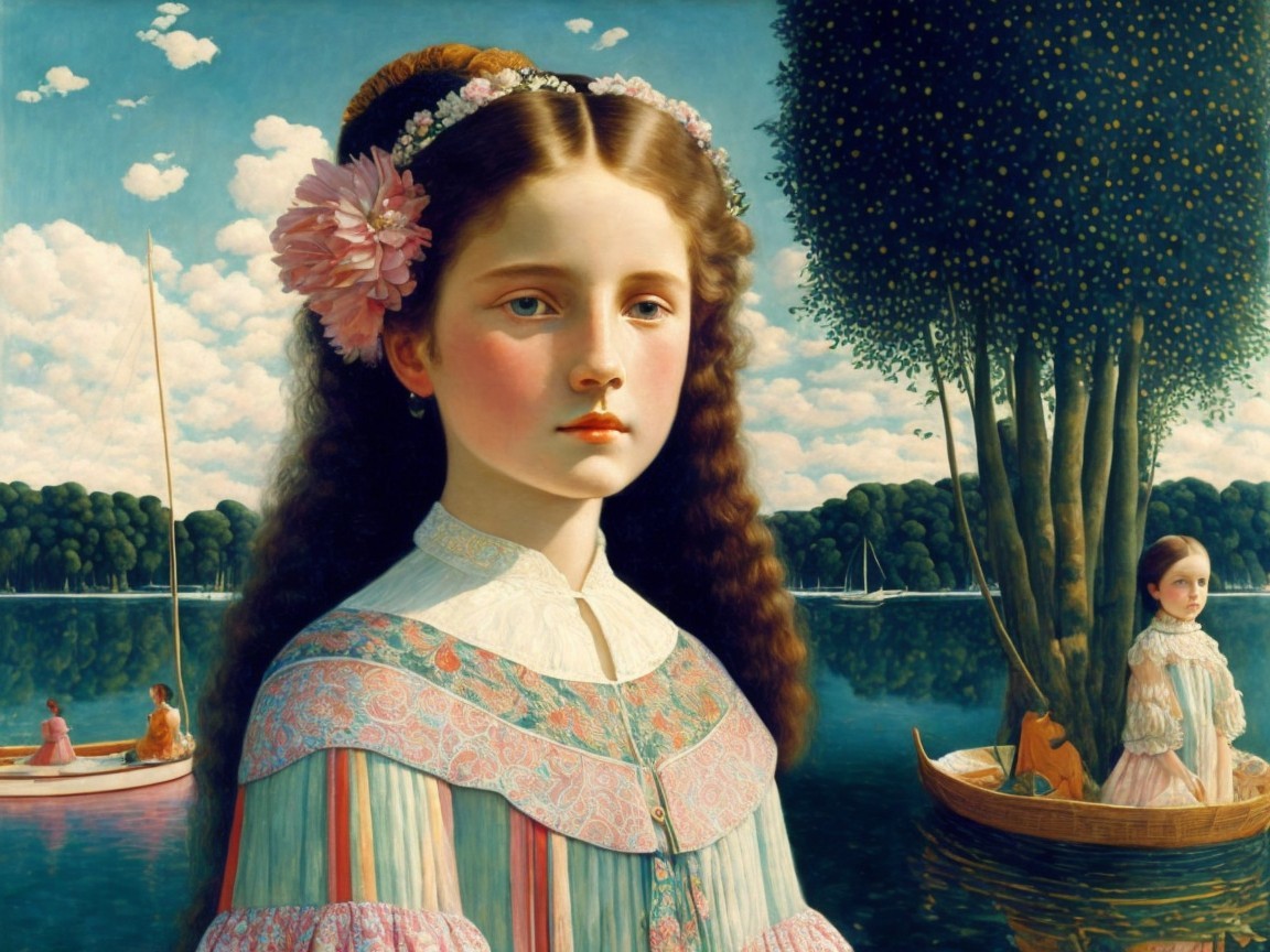 Young girl in vintage dress by tranquil lake scene