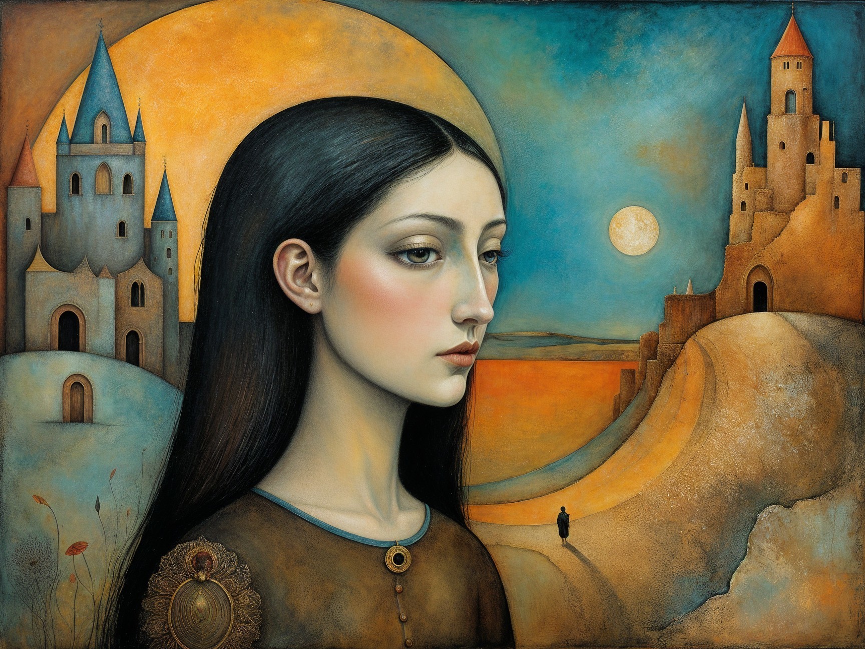 Serene Young Woman Amidst Whimsical Castle Landscape