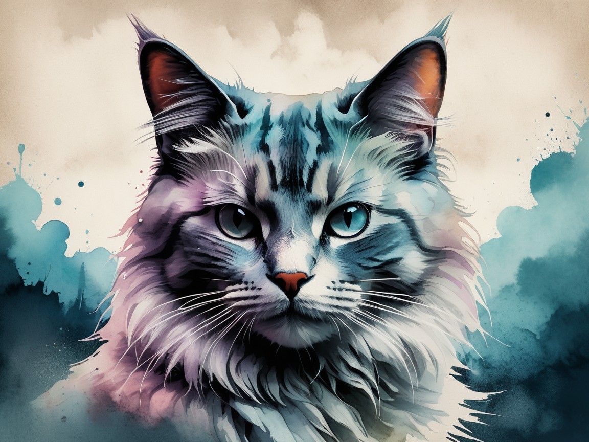 Illustrated Portrait of a Feline with Blue Eyes