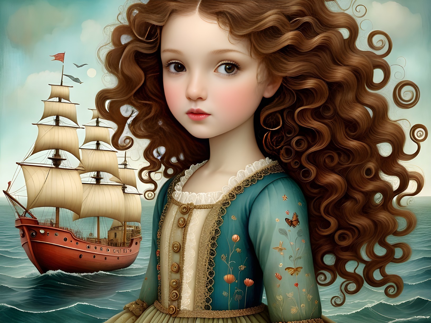 Young girl in blue gown by sailing ship at sea
