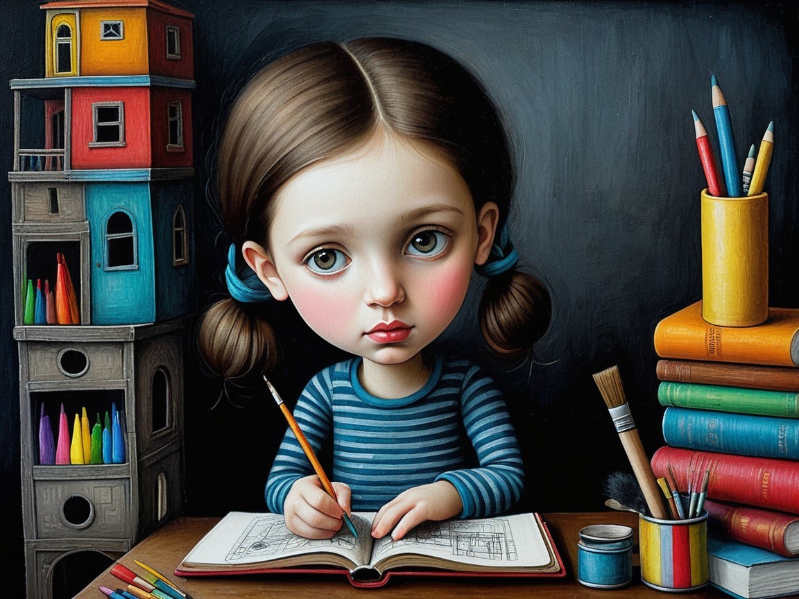 Young girl drawing at a desk with art supplies