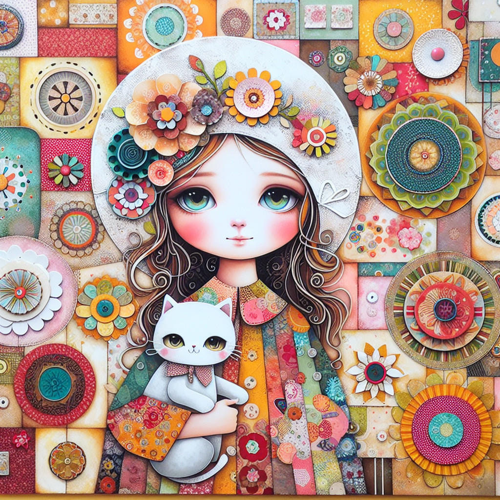 Colorful Illustration of a Girl with a Cat and Flowers