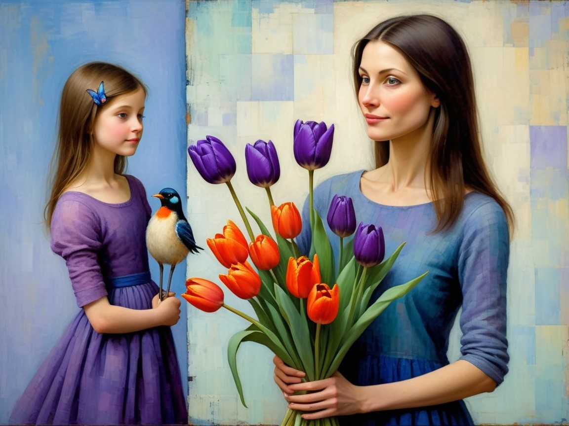 Woman with Tulips and Girl Observing Colorful Bird