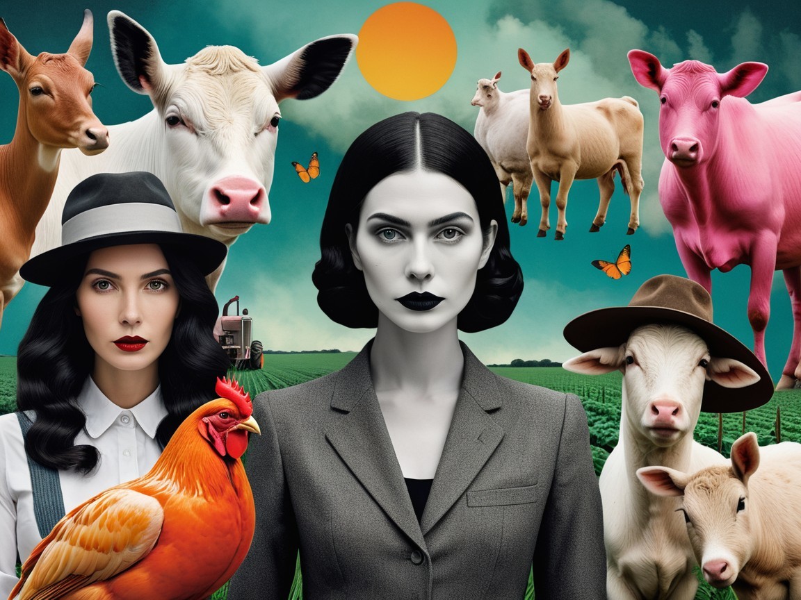 Women in Contrasting Attire with Farm Animals and Sun