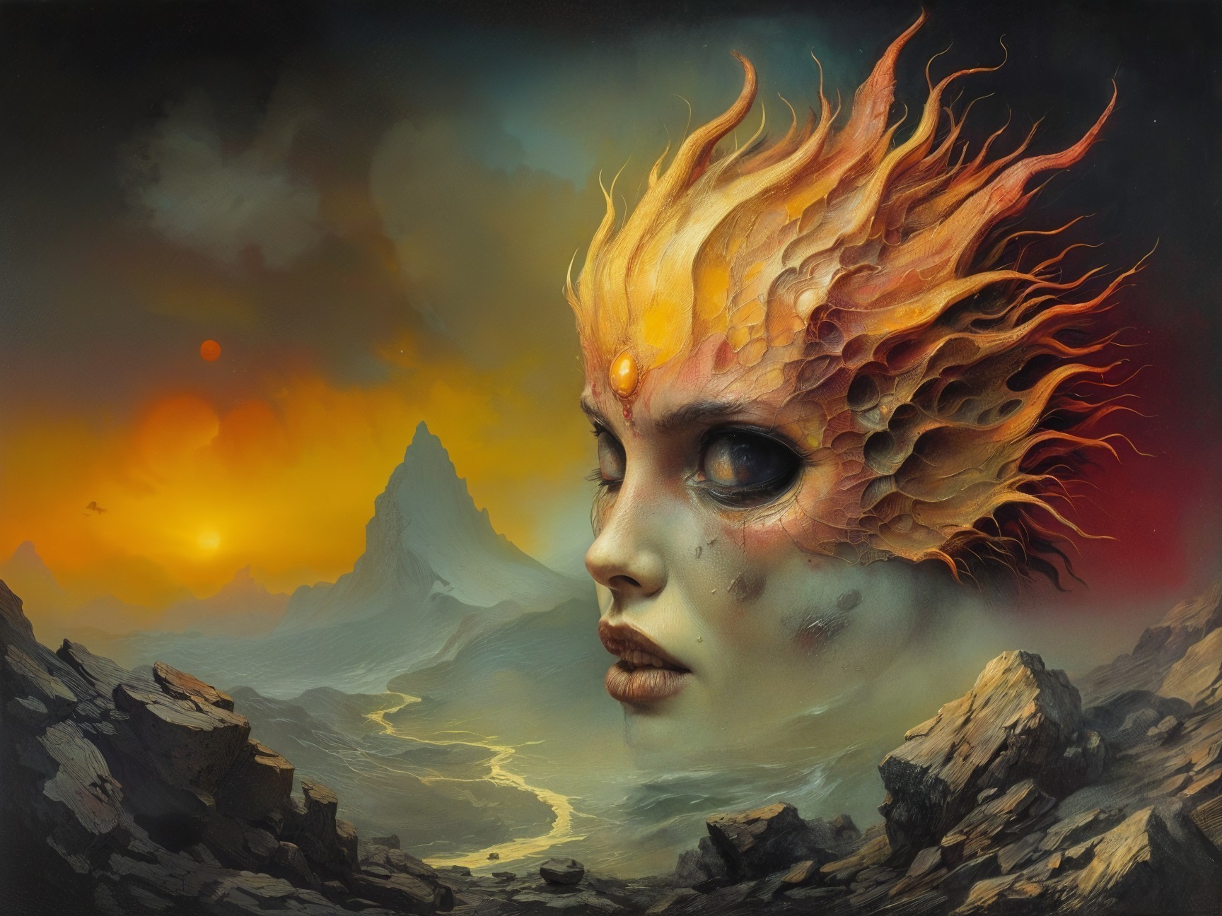 Surreal Landscape with Fiery Female Face and Mountains