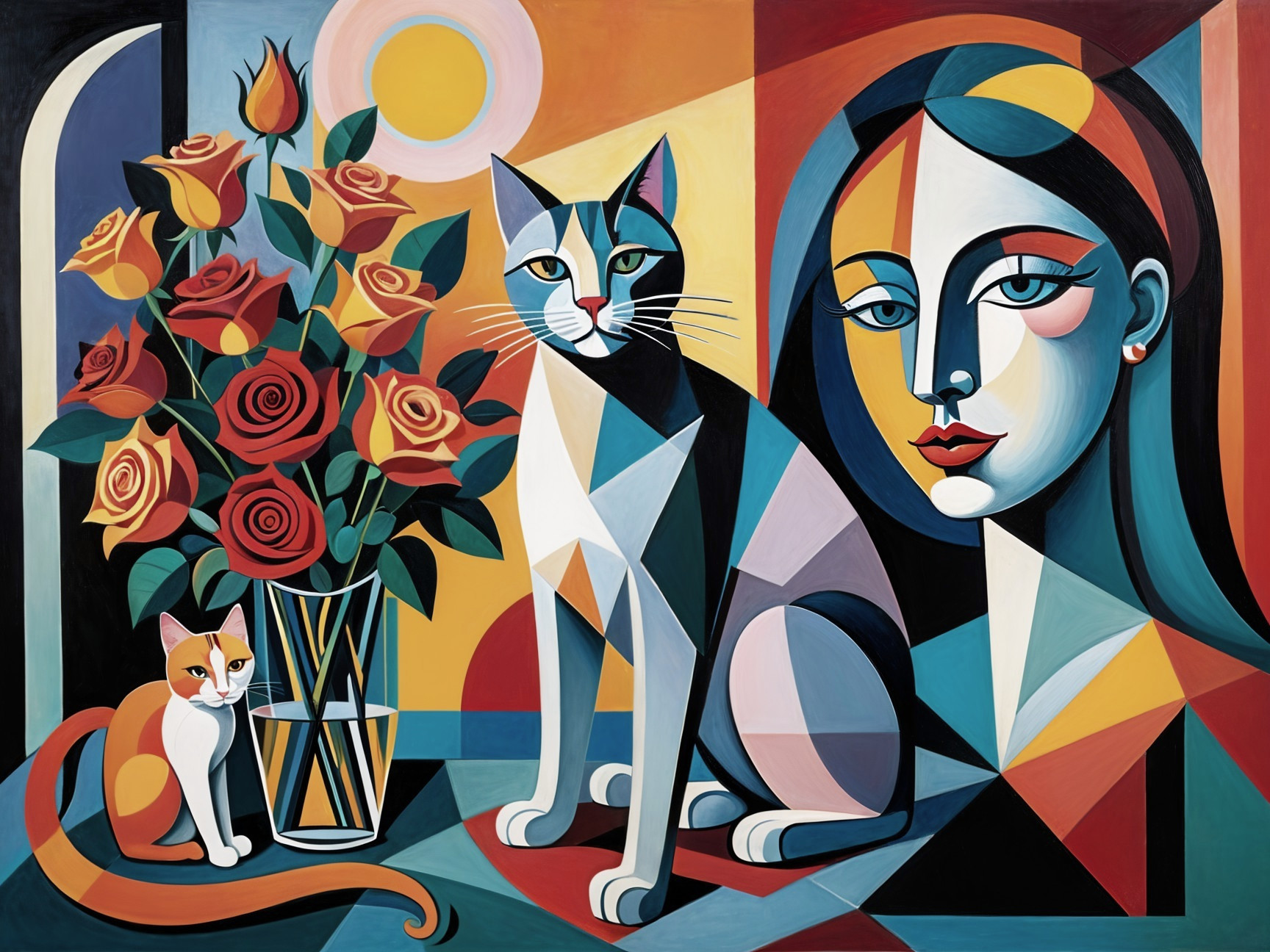Vibrant Artwork Featuring Woman, Cats, and Roses