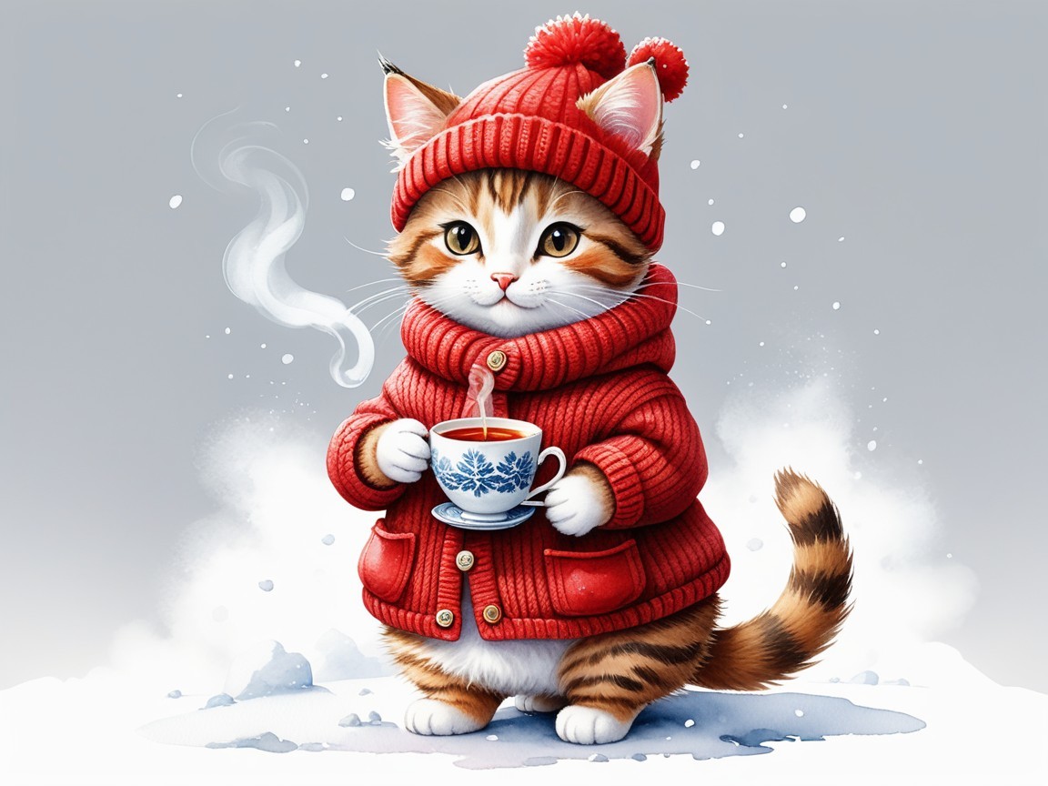 Cozy Cartoon Cat in Winter Attire with Tea