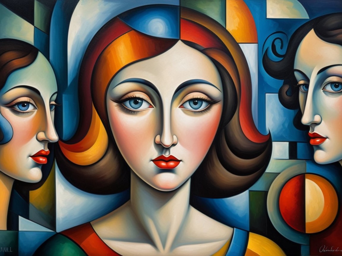 Stylized Female Faces with Bold Colors and Geometric Background