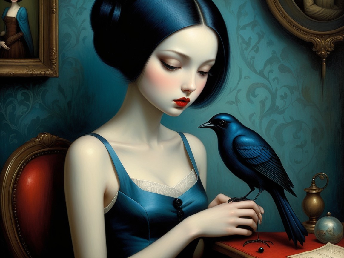 Melancholic woman with blue hair in softly lit room