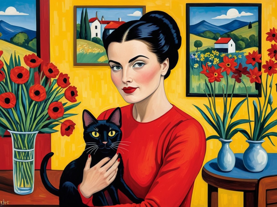 Elegant Woman with Black Cat Against Yellow Background