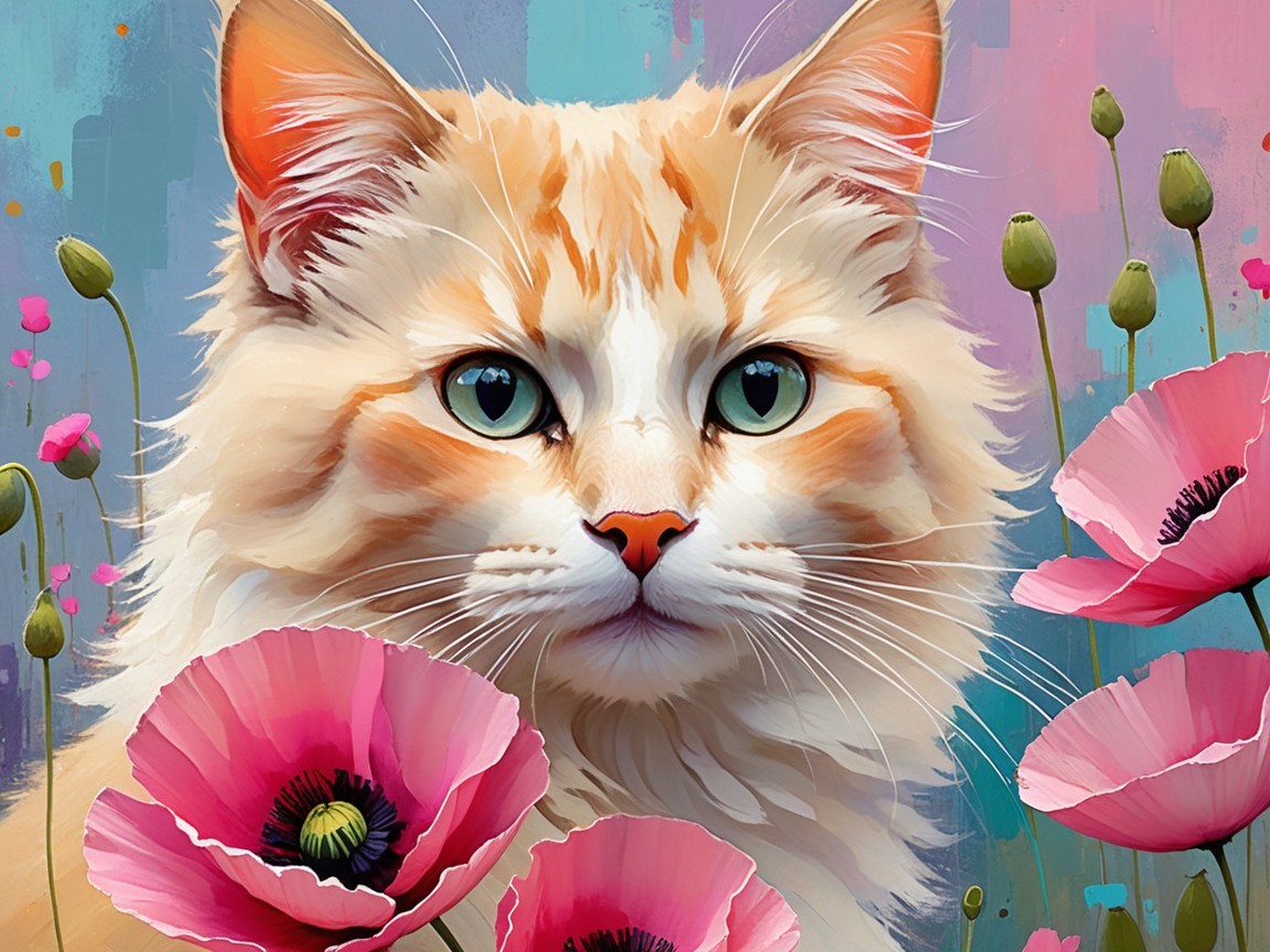 Vibrant depiction of an orange-and-white cat among poppies