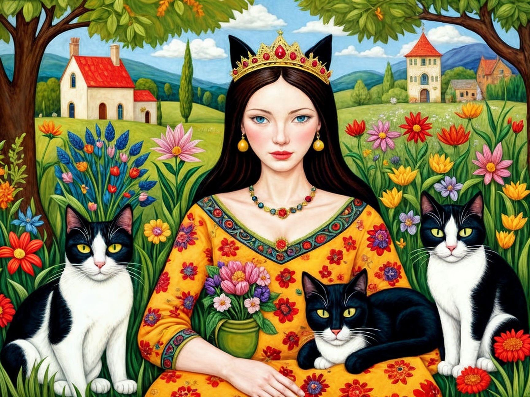 Regal Woman in Yellow Gown Surrounded by Cats in Garden