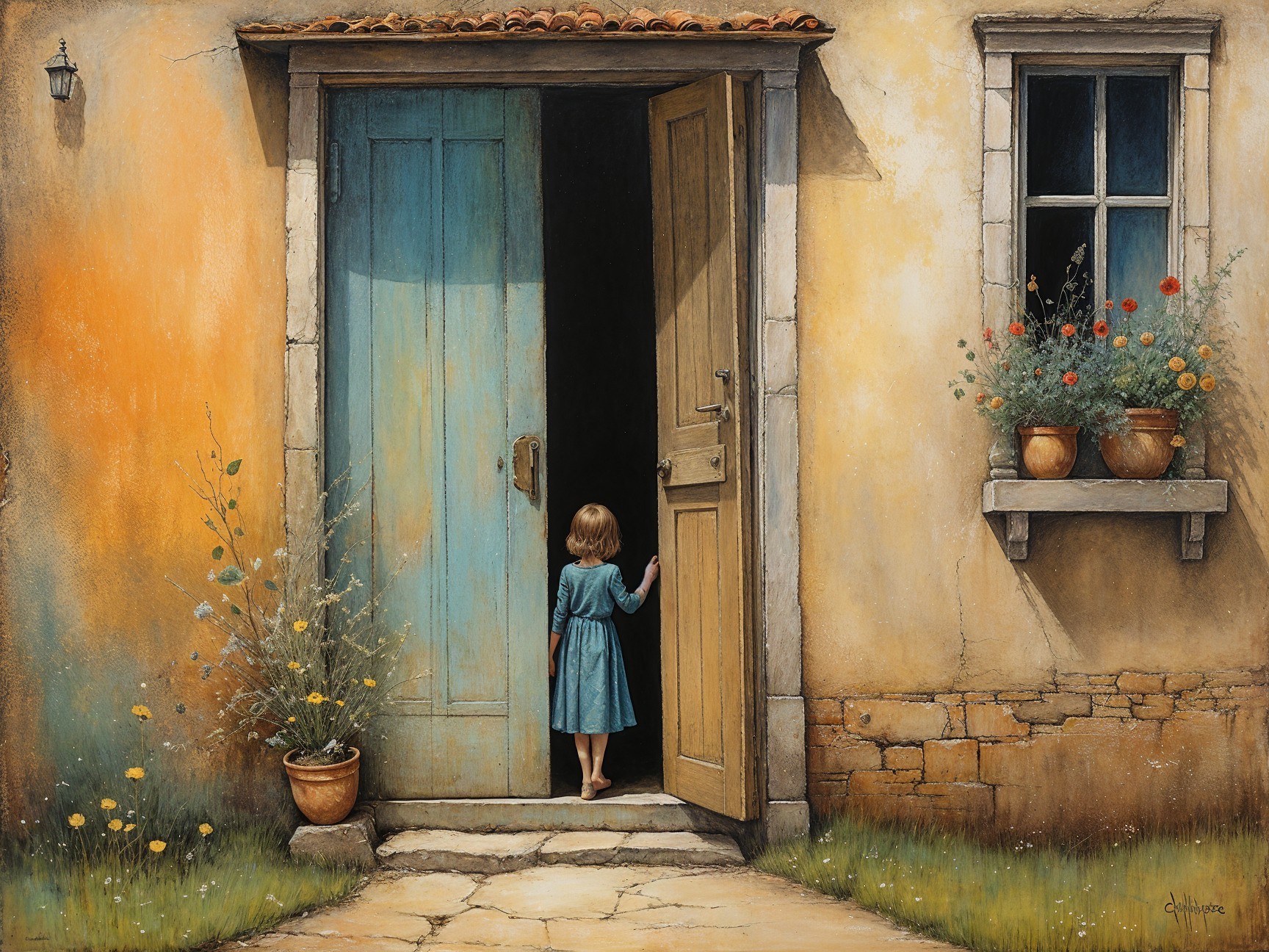 Young girl in blue dress by rustic doorway