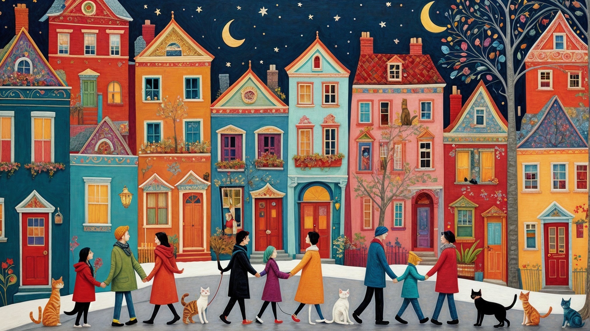 Colorful Nighttime Street Scene with Charming Houses